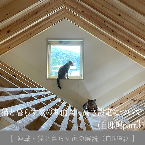 猫と暮らす家についての解説（自邸編part3）、Title ：猫と暮らす家の断面図・高さ設定について 