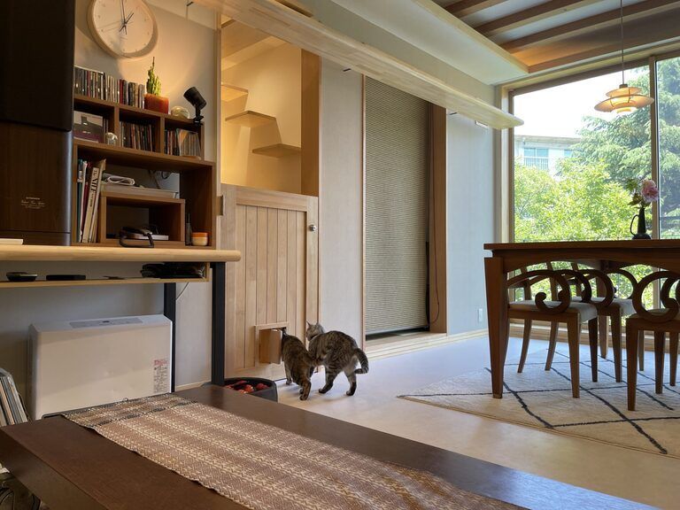 猫と暮らす家。廣瀬慶二自邸　リビングダイニング。廣瀬慶二設計。