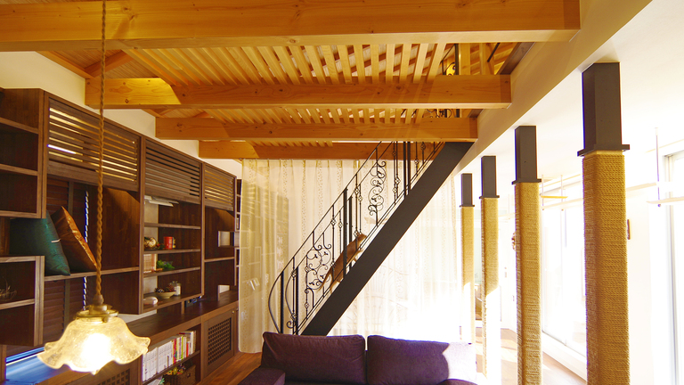 猫と暮らす家。猫寝天井とアイアンの階段が共存するリビング。廣瀬慶二設計。