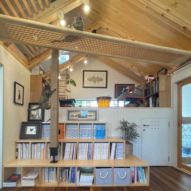 猫と暮らす家。組子細工のキャットウォークと円形の間接照明。廣瀬慶二設計。